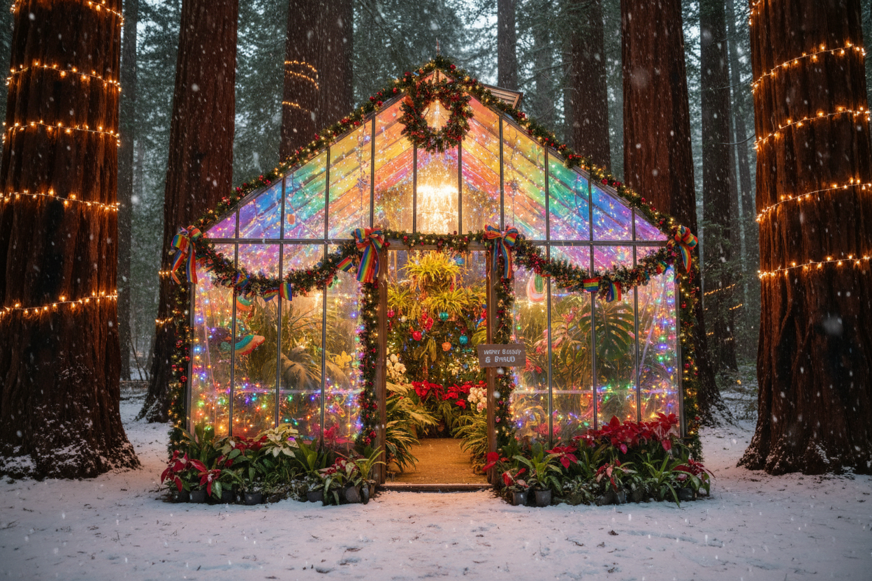 Christmas Inspired Queer Greenhouse in the Redwoods